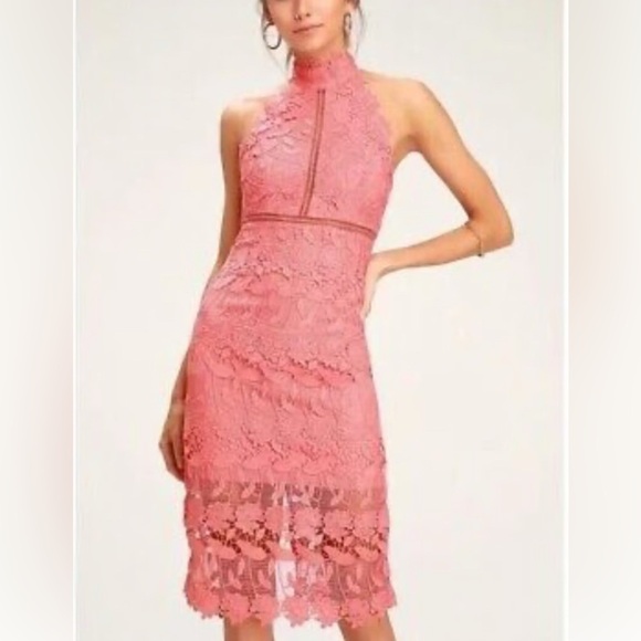 Bardot RTR Coral Embroidered Lace Halter Midi Dress Fully Lined (8) EUC - Picture 2 of 6
